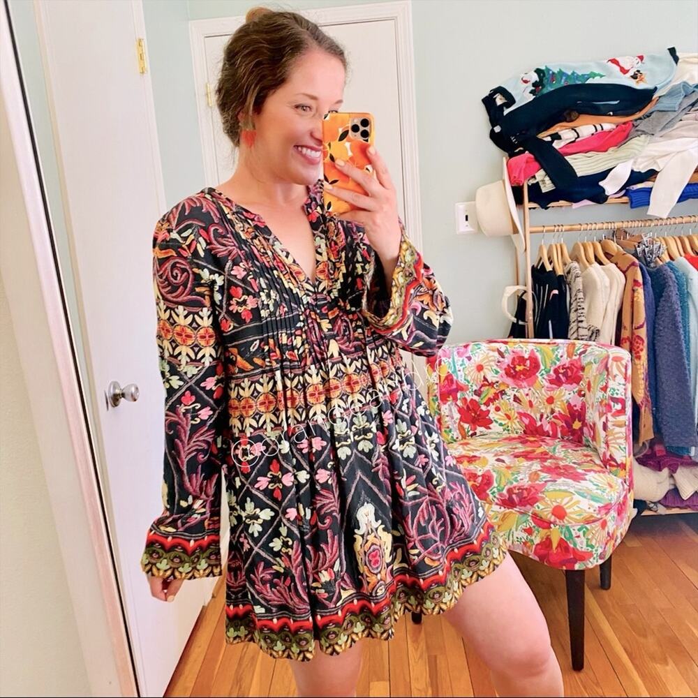 Hemant & Nandita Black Multicolored Floral Batik Mini Dress Small